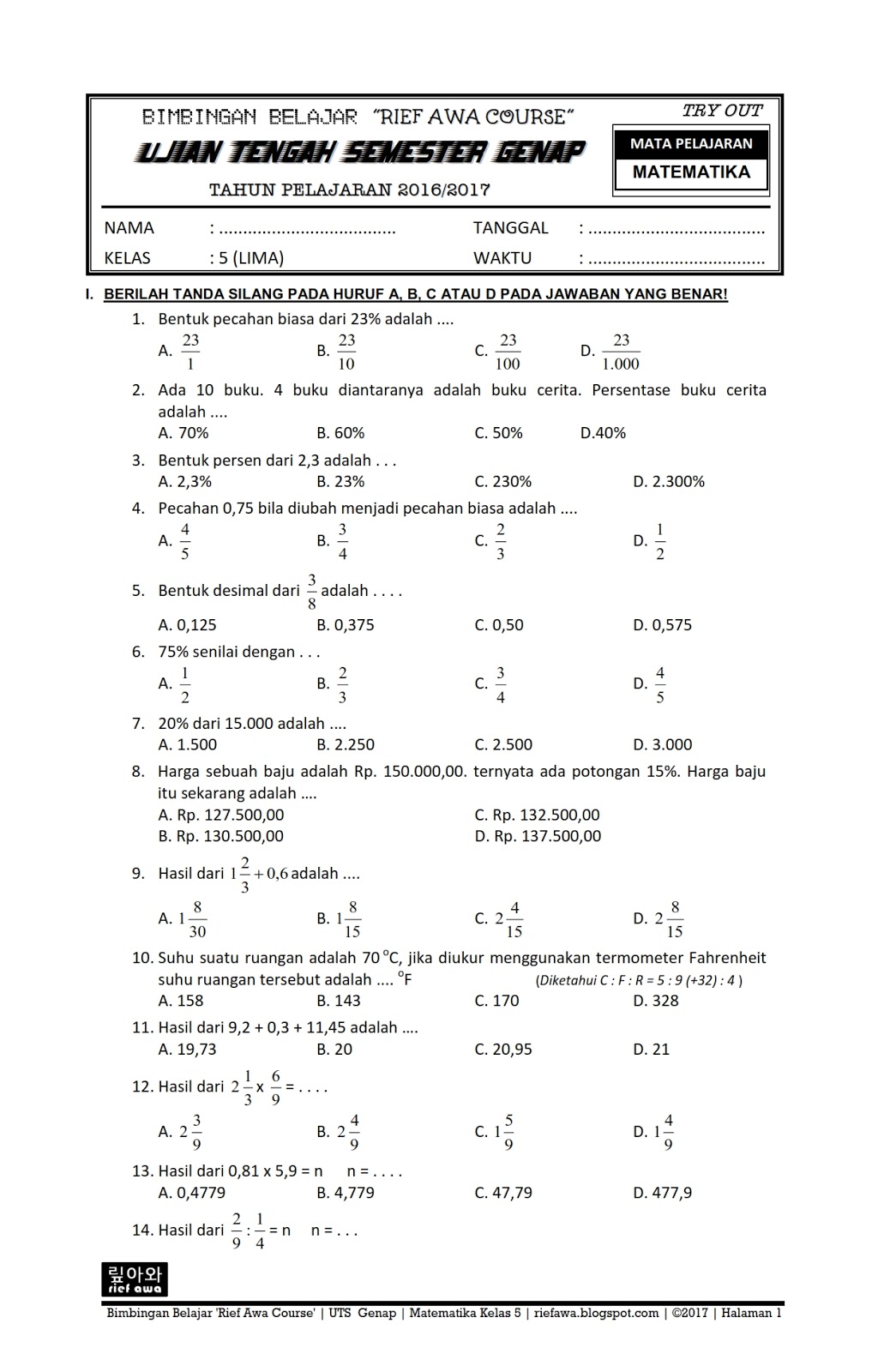 Soal Uts Matematika Kls 4 Semester 1 Dalchaebi