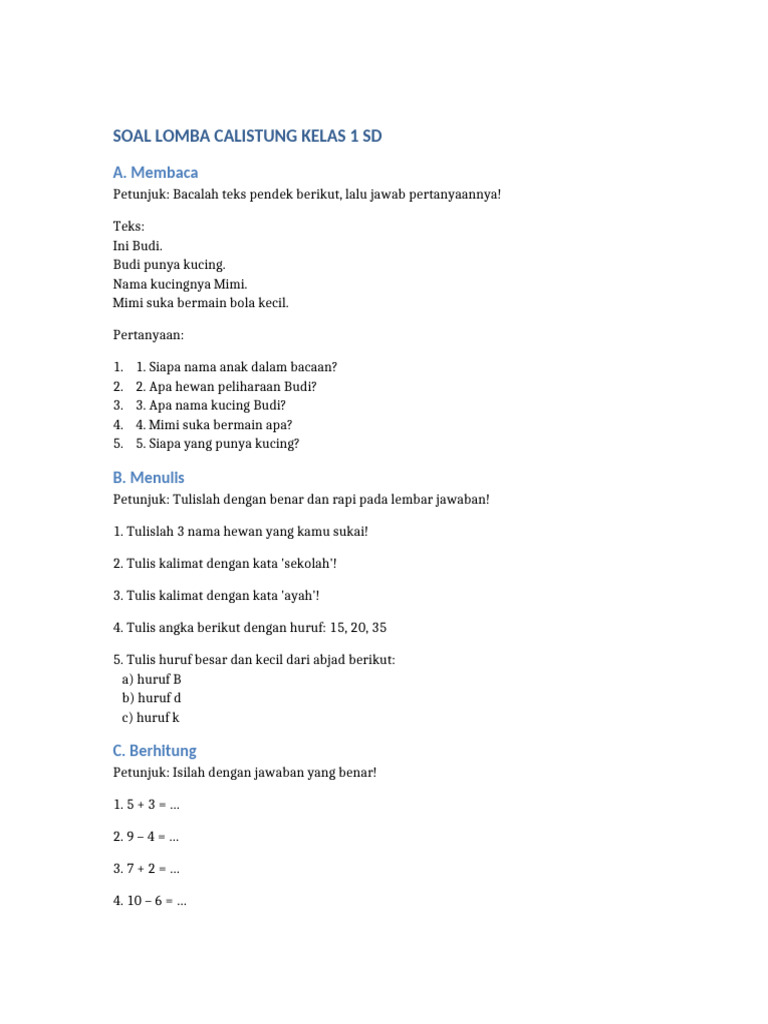Soal Calistung Kelas 1 Tahap 2 PDF