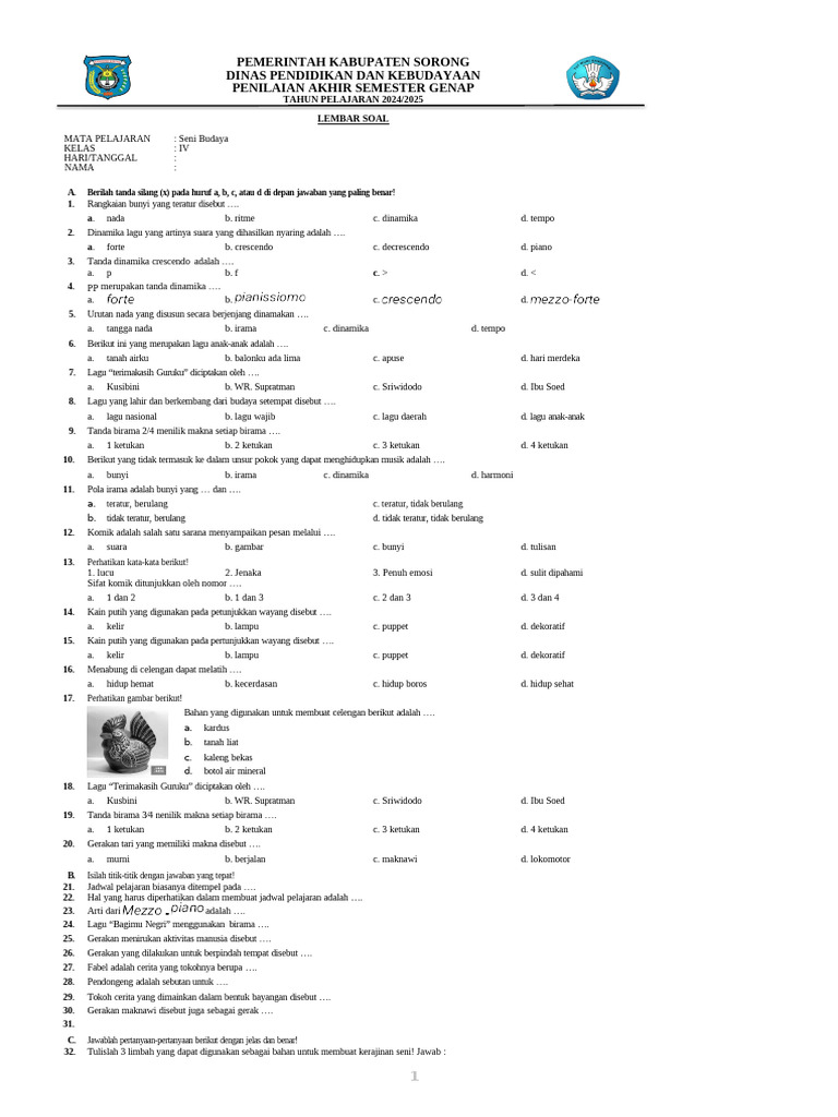 Soal Seni Budaya Kelas 4 2025 PDF