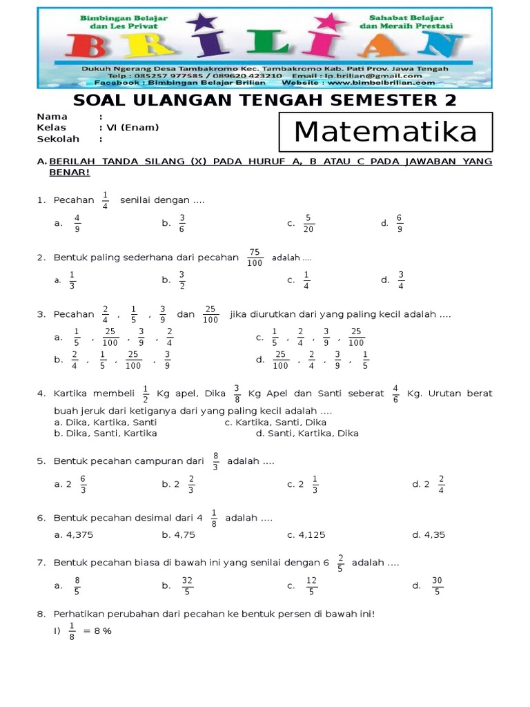 7 Lembar Soal UTS Matematika Kelas 6 Semester 2 dan Kunci Jawabannya Siap Cetak Gratis