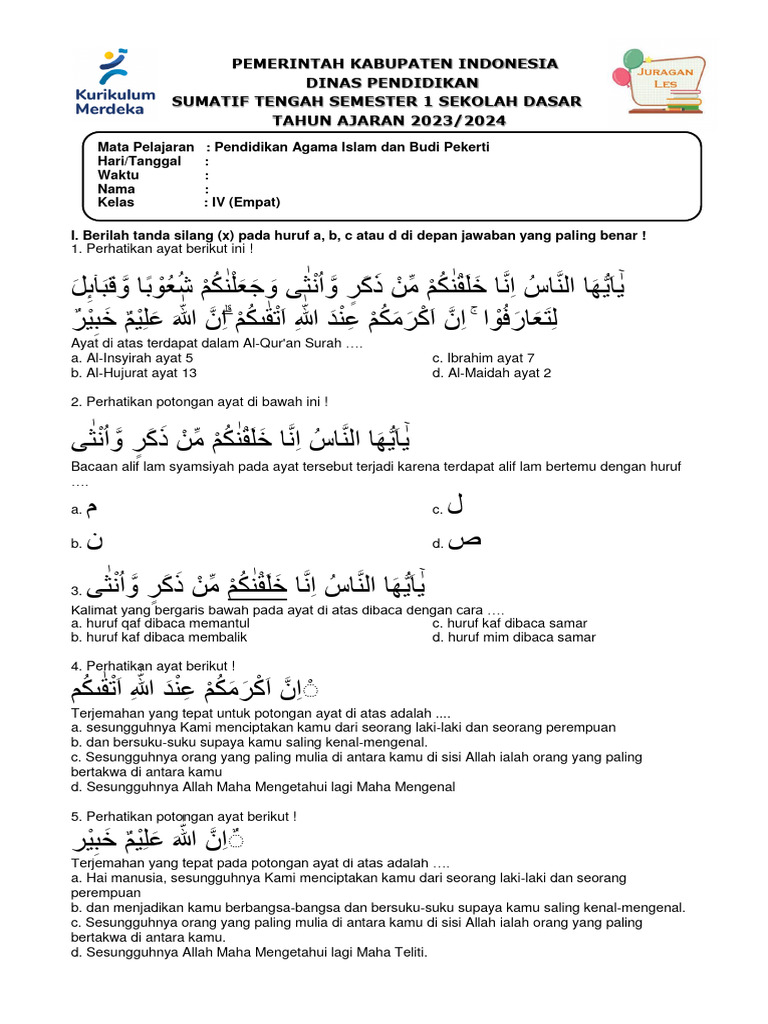 Akhirnya Ada Kunci Jawaban Lengkap: Download Soal UKK Agama Islam Kelas 4 SD Kurikulum Merdeka Sebelum Terlambat