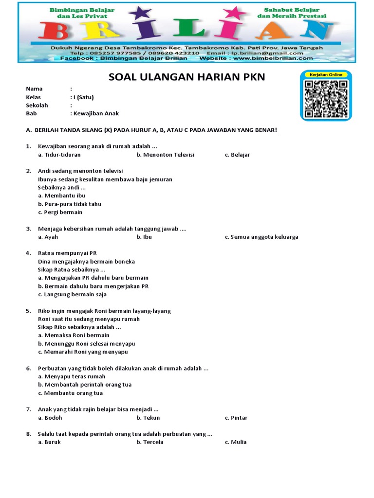 Mempersiapkan Generasi Muda Berkarakter Contoh Soal UKK PKn Kelas 1 SD