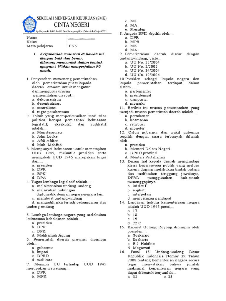 7 Contoh Soal PKN Kelas 10 Semester 1 Kurikulum 2013 yang Wajib Dikuasai Sebelum Ujian 7 Contoh Soal PKN Kelas 10 Semester 1 Kurikulum 2013 yang Wajib Dikuasai Sebelum Ujian