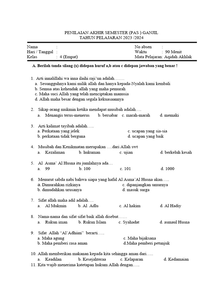 7 Rahasia Kisi-Kisis Soal UAS Aqidah Akhlak Kelas 4 Semester 1 yang Wajib Tahu