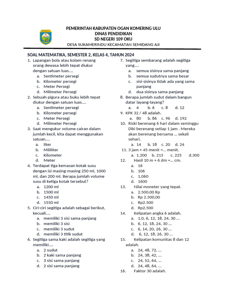 Akhirnya Tersedia Link Download Soal Ujian Semester Kelas 4 Semester 2 Kurikulum 2013 Lengkap dengan Kunci Jawaban