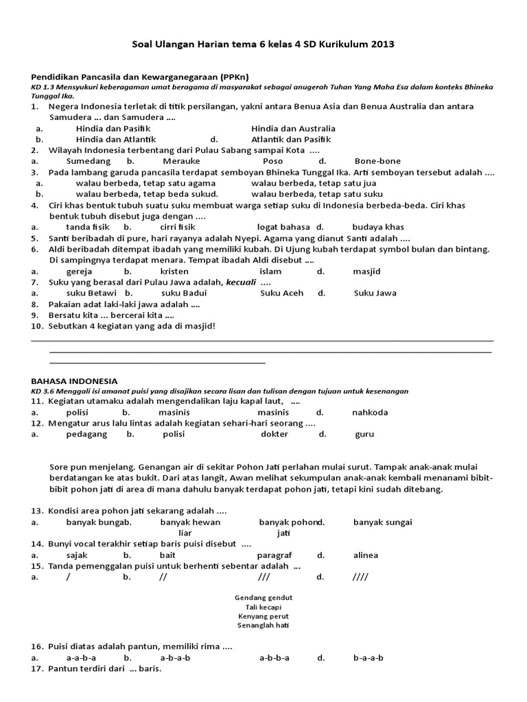 Soal Ulangan Harian Tema 6 Kelas 4 SD Kurikulum 2013 PDF Soal Ulangan Harian Tema 6 Kelas 4 SD Kurikulum 2013 PDF