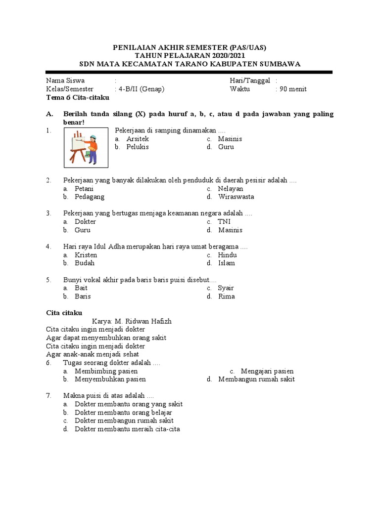 Soal Tema 6 Kelas 4 dan Kunci Jawaban PDF Seni Disiplin Bahasa