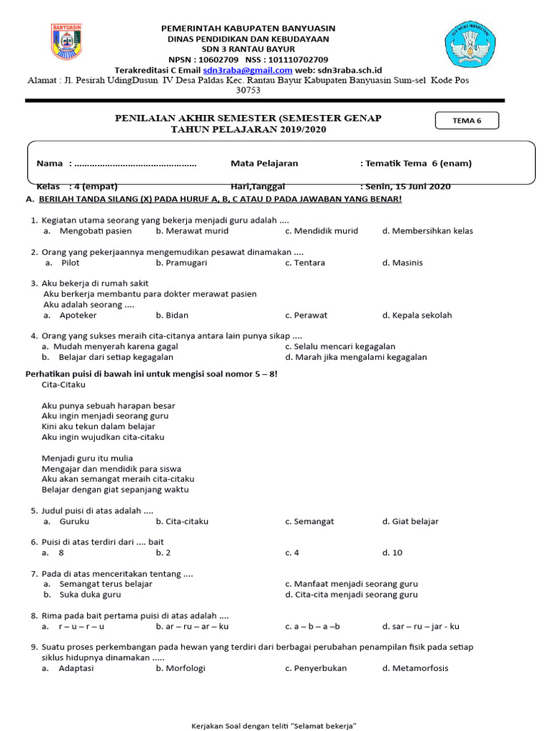 Download Soal Ujian Akhir Semester Genap Tema 6 Kelas 4 Terbaru 2026 Plus Kunci Jawaban Lengkap