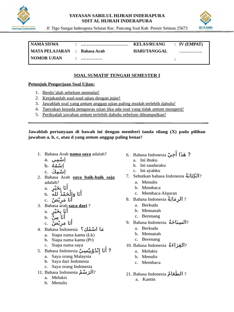 Download Soal Ujian Mid Semester 2 Bahasa Arab Kelas 4 Terbaru 2026 Ternyata Ini Kunci Sukses Nilai 100