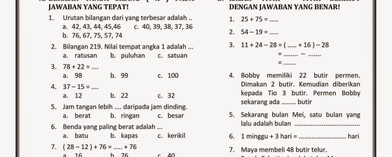 Download Soal Ujian Semester 1 Kelas 4 SD Kurikulum 2013 Lengkap dengan Lembar Kerja Siswa Siap Cetak