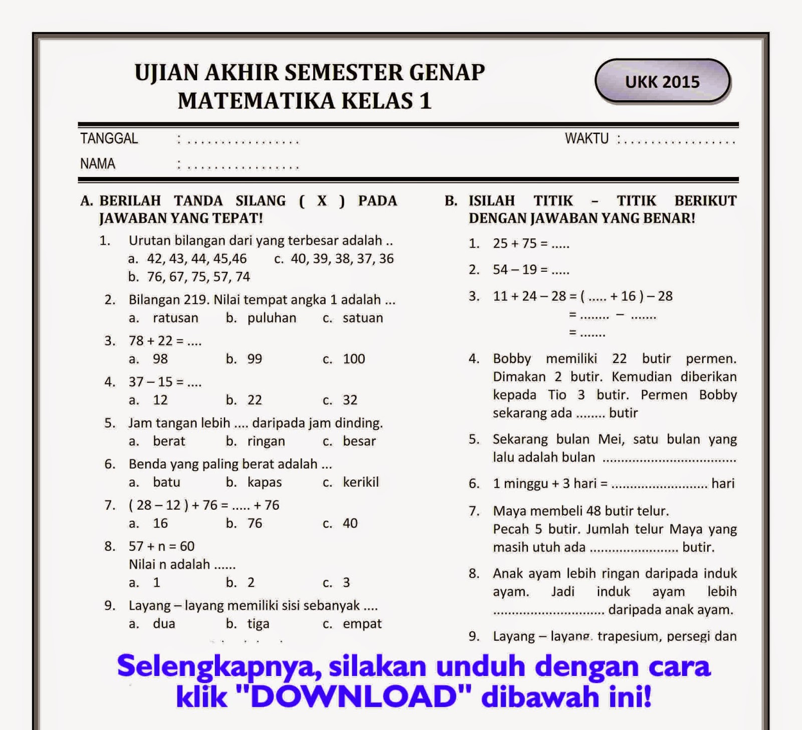 Download Soal Ujian Semester 1 Kelas 4 SD Kurikulum 2013 Lengkap dengan Lembar Kerja Siswa Siap Cetak