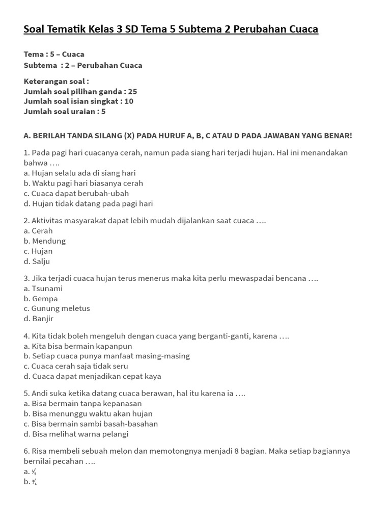 Kumpulan Soal Kelas 3 Tema 6 Cuaca dan Perubahannya Paling Lengkap untuk Persiapan Ujian 2026