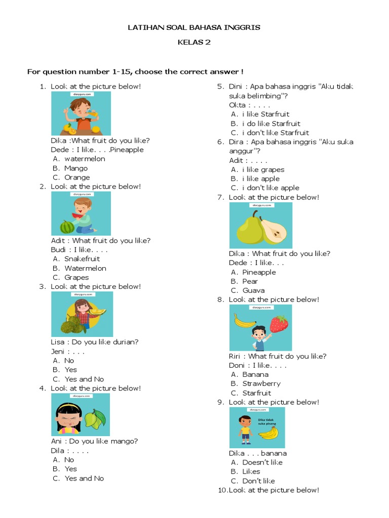 7 Contoh Soal Bahasa Inggris Kelas 2 SD Semester 2 Tentang Permainan yang Wajib Tahu