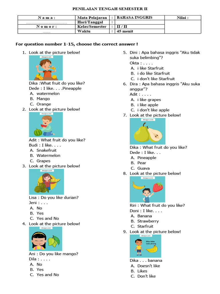 Download Gratis Soal Bahasa Inggris Kelas 2 SD Semester 2 K13 PDF Terbaru Agar Nilai Bagus