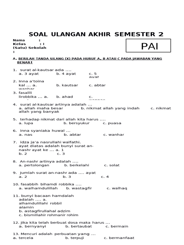 Kumpulan soal bahasa pai sd kelas 1 semester 2 yang wajib tahu agar nilai sempurna