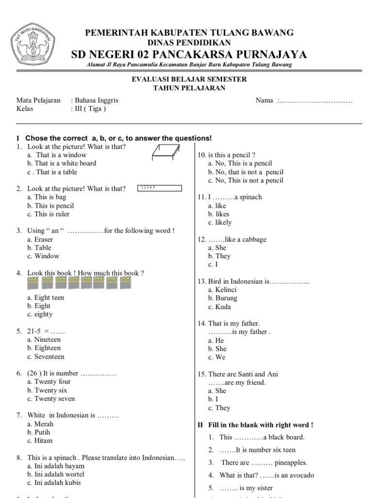 Rahasia Skor Tinggi Bocoran Soal Bahasa Inggris Kelas 3 SD Semester 1 Terbaru