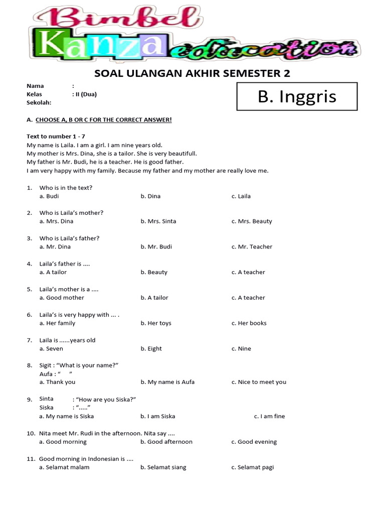 Wajib Tahu! Bocoran Soal Bahasa Inggris Kelas 2 SD Mid Semester 2 Agar Nilai Maksimal