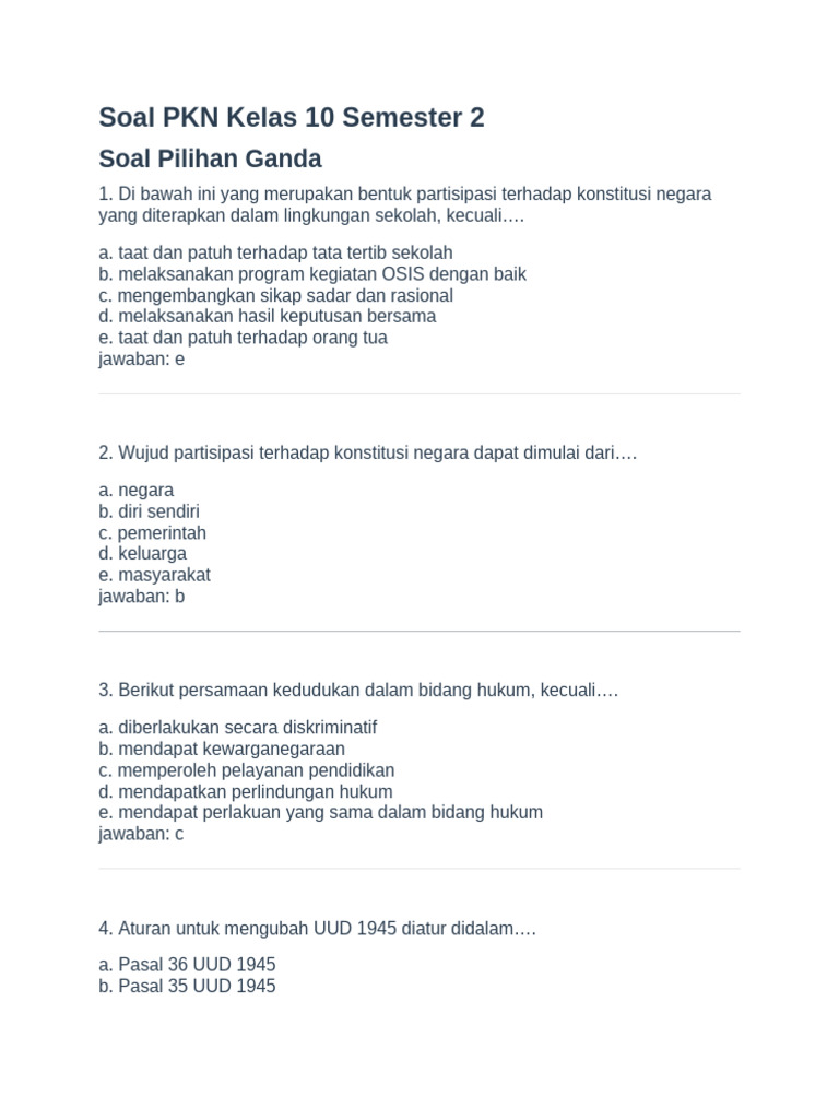 Wajib Tahu! Kumpulan Soal Soal UAS Kelas 10 PKN Semester 2 Agar Nilai Kamu Melejit